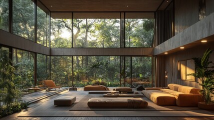 Wall Mural - A modern house with floor-to-ceiling windows, a large living room, and high ceilings