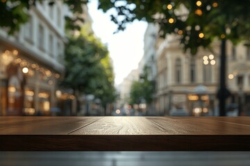 Wall Mural - Empty wooden table with blurred city street background.