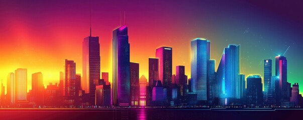 Wall Mural - futuristic city skyline, digital lights, sunset colors, vibrant neon hues, technological landscape, 