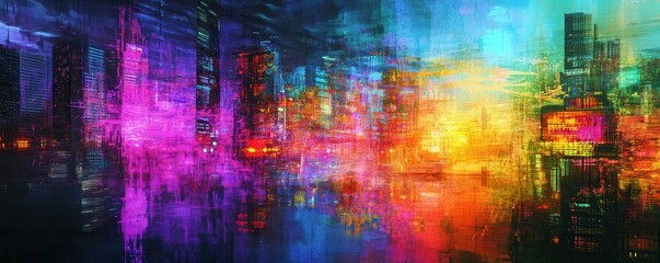 Wall Mural - futuristic cityscape, neon lights, digital art, vibrant colors, night scene with glowing skyscrapers