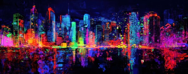 Wall Mural - futuristic cityscape, neon lights, digital art, vibrant colors, night scene with glowing skyscrapers