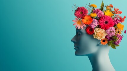 Wall Mural - woman's head is covered in flowers. the flowers are in various colors and sizes, and they are arrang