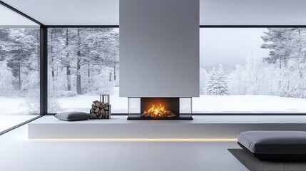 Wall Mural - Modern minimalist living room with fireplace overlooking snowy winter landscape