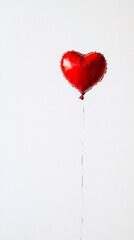 Poster - A metallic red heart balloon held by a hand against a white wall, emphasizing simplicity and elegance for Valentine's Day themes. Copyspace available.