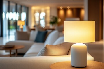 Poster - Modern table lamp illuminating cozy living room in luxury apartment