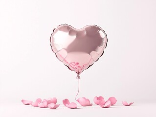 Poster - A metallic red heart balloon held by a hand against a white wall, emphasizing simplicity and elegance for Valentine's Day themes. Copyspace available.