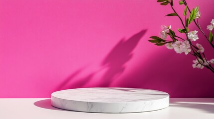 Poster - White marble pedestal with a pink wall behind it. A white flower is in front of the pedestal