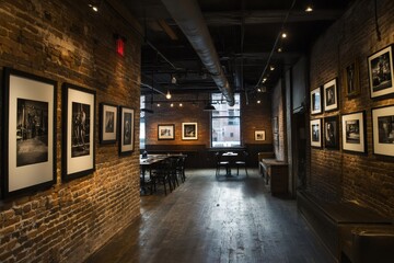 Poster - Art gallery interior showing framed photographs on brick walls with tables and chairs