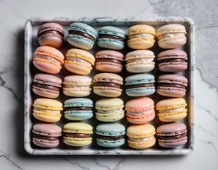 Canvas Print - Pastel Macarons in Square Tray on Marble Background- Sweet French Dessert Treats