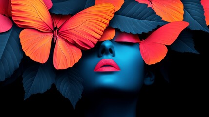 Wall Mural - woman's face is covered by a butterfly headdress. the butterfly headdress is surrounded by leaves an
