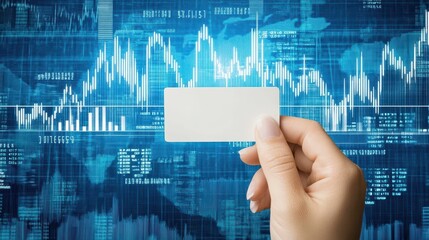 Aufkleber - Blank Business Card Held Against a Dynamic Stock Market Data Background:  Presenting Opportunities and Growth