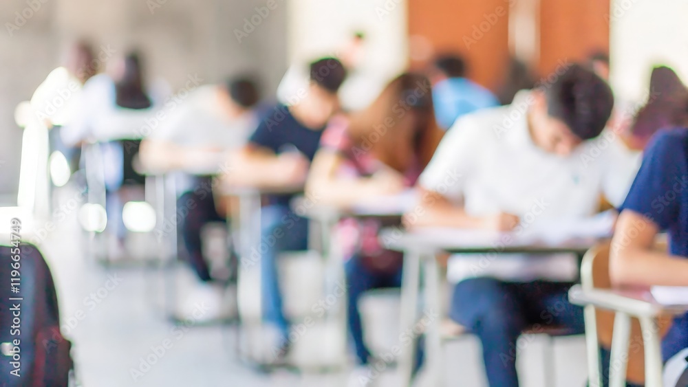 Exam Anxiety in Blurred Hall: Blurred background of a test hall with ...