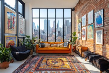 Poster - Modern apartment living room overlooking new york city skyline