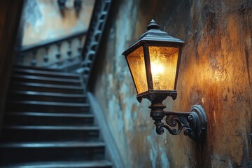 Poster - Old lamp illuminating staircase in ancient building