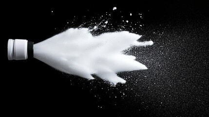 White spray bottle is being used to spray a white substance. The spray is coming out of the bottle in a white cloud, creating a sense of movement and energy