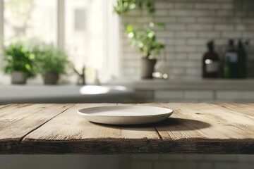 Wall Mural - Empty plate on rustic wooden table in bright kitchen.