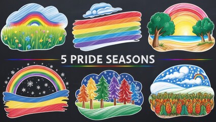 Wall Mural - Five Vibrant Rainbow Pride Season Illustrations Spring Summer Autumn Winter and a Colorful Abstract