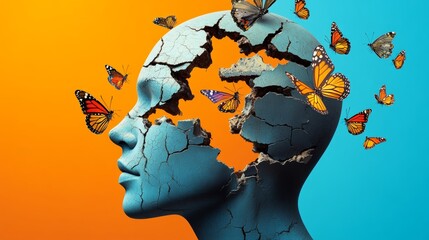 Wall Mural - head with a butterfly on it. the butterfly is on the right side of the head. the head is broken and 