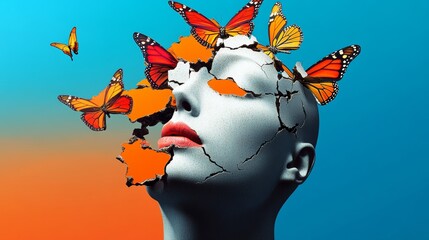 Wall Mural - woman's face is covered in butterflies, with the head missing. concept of fragility and vulnerabilit