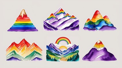 Wall Mural - Vibrant Rainbow Watercolor Mountain Landscapes Six Unique Artistic Designs