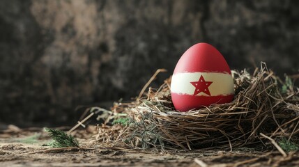 Bright red egg with a white band and star rests in a rustic nest among natural elements in a cozy setting