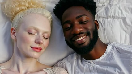 Poster - A man and a woman are lying on a bed, with the woman's hair in a bun