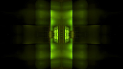 Fototapete - Bright green lights form an intricate abstract design that draws the viewer into a world of color and symmetry. vivid patterns evoke a sense of movement and depth in digital art. 3d render