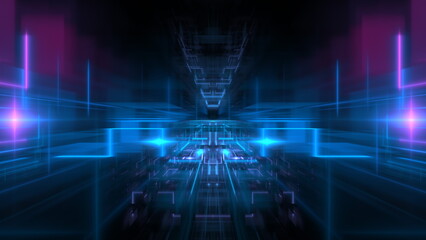 Fototapete - vibrant digital landscape features neon blue and purple lights reflecting off abstract geometric patterns. composition creates a sense of depth and movement in a dark environment. 3d render