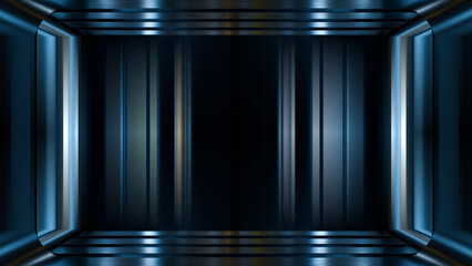 Poster - sleek metallic corridor features a futuristic design with blue lighting illuminating the edges. walls are lined with smooth panels, creating a captivating atmosphere. 3D render
