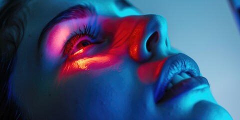 Wall Mural - A woman experiencing a facial treatment using purple and red colored lights.