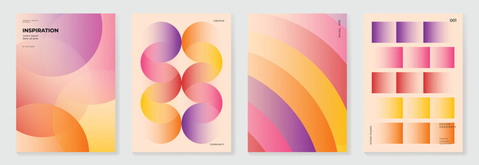 Collection of 70s color gradient poster background vector. Set of retro wall decoration, groovy, trippy, geometric shape. Vintage hippie wall art for interior, decorative, banner, cover, card.