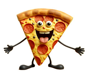 Happy 3D animated Cheerful Pizza Slice Cartoon Character Illustration with arms, legs, and a joyful face, Cheerful Pizza Slice Character