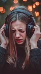 Wall Mural - A woman wearing headphones and a black sweater