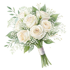 Wall Mural - A bouquet of elegant white roses surrounded by delicate greenery and filler flowers, beautifully arranged with a ribbon.