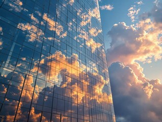 Poster -  tall glass building with a clear blue sky in the background, and the building reflects the sky and clouds. There is also a large red heart shape in the sky.