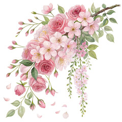 Wall Mural - A vibrant arrangement of pink roses and delicate blossoms, showcasing a lush mix of petals and greenery in a beautiful floral design.