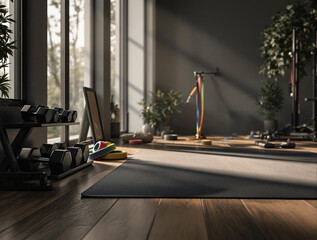 Poster -  indoor fitness area with wooden flooring, a yoga mat, various workout equipment including dumbbells and a mat, a plant, and a window allowing natural light to enter.