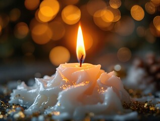 Poster -  lit candle with a glowing flame, set against a background with warm, blurred lights and festive decorations.