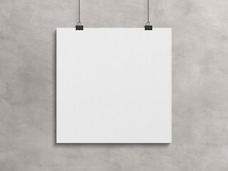 Aufkleber - Blank squared poster hanging with clips on a concrete wall Mockup. 3D rendering