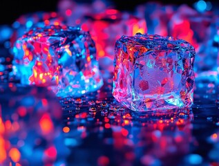Poster - two ice cubes on a reflective surface, surrounded by colorful lights creating a vibrant and moody atmosphere. The ice cubes are illuminated with blue and red lights, giving them a striking appearance.