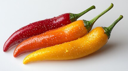 A vibrant row of colorful chili peppers. From left to right, the peppers are orange, red, dark red, yellow, red, yellow, red and purple