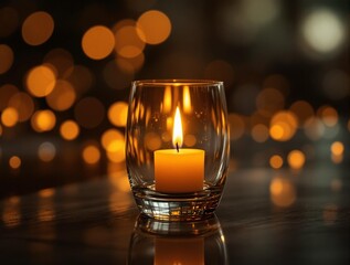 Poster - single lit candle inside a glass holder, with a warm, golden glow illuminating the surroundings. The background is softly blurred, featuring bokeh lights that create a cozy and intimate atmosphere.