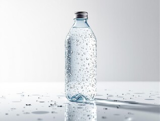 Aufkleber - A transparent water bottle is shown on a white background with water droplets on it. The bottle is placed on a reflective surface, creating a mirror-like effect.