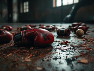 Poster - pair of red boxing gloves lying on a wooden floor with a few other items scattered around, including a basketball.