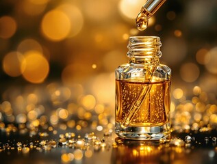 Fototapete - close-up of a small, square, transparent glass bottle filled with a golden liquid. The bottle is being tilted, and liquid is pouring out of it, creating a splash. The background is blurred with warm, 