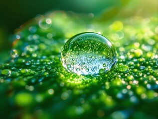 Fototapete - large, round drop of water glistening on a green leaf, surrounded by smaller droplets of water. The light reflects off the water, creating a sparkling effect.