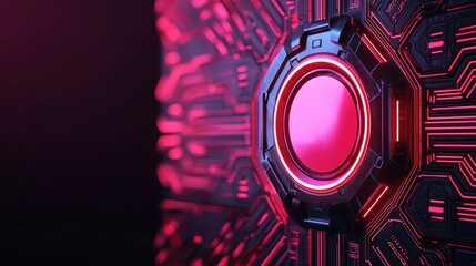 Poster - Futuristic Circuit Board with Neon Glow and Central Button Effect
