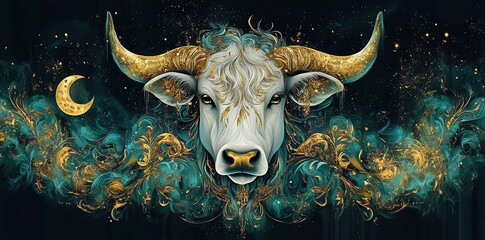 Wall Mural - Majestic White Bull: Gold, Teal, Celestial Art