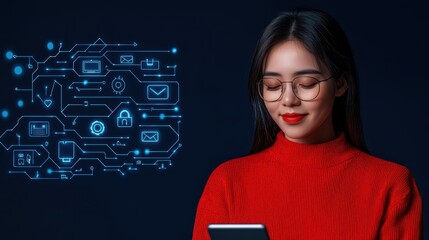 Poster - technology and communication concept with woman using smartphone