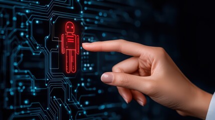 Fototapete - Hand Interacting with Digital Human Icon on Circuit Board Background